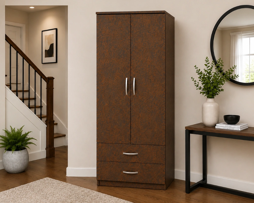 premium 2 door wardrobe Rustic Brown 2 Door Wardrobe with 2 Drawers - Modern Bedroom Storage Cabinet - Image 1