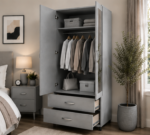 Contemporary 2 Door Storage Wardrobe with Mirror - 2 Door Wardrobe with Drawers - Image 2