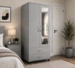 Contemporary 2 Door Storage Wardrobe with Mirror - 2 Door Wardrobe with Drawers - Image 3