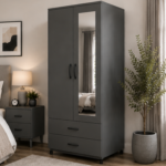 Modern Storage Cabinet with 2 Doors, 2 Drawers & Mirror - Wardrobe with Mirro