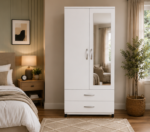 White Finish Wardrobe with 2 Drawers and Mirror - Wooden Storage Wardrobe with Mirror - Image 5