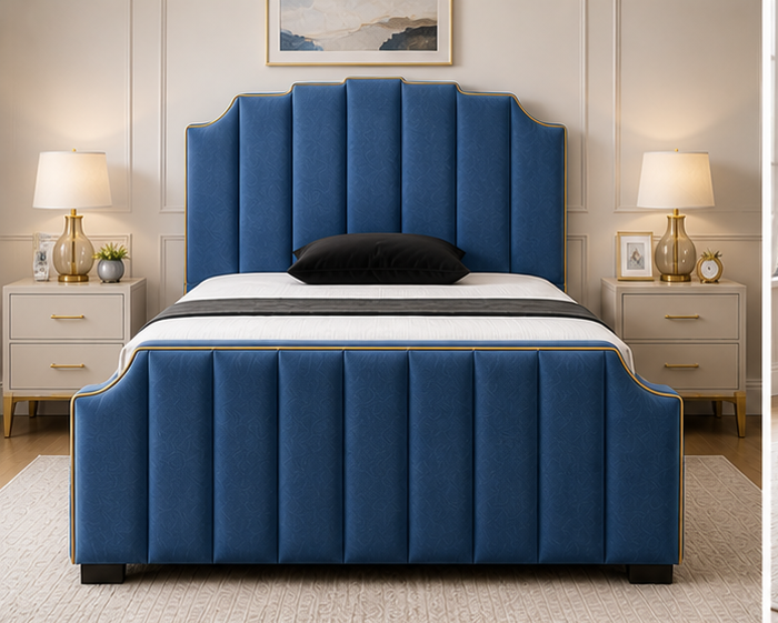 top_left_blue Arizona Double Bed – Modern Padded Headboard - Image 1