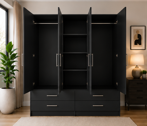 wefefefewfew 4 Door Bedroom Wardrobe with 4 Storage Drawers - Image 1