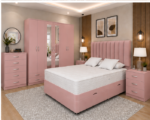 King Storage Bed Furniture Set – 6 Door Wardrobe with Mirrors – Five Drawer Chest – Two Bedside Units