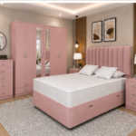King Storage Bed Furniture Set – 6 Door Wardrobe with Mirrors – Five Drawer Chest – Two Bedside Units