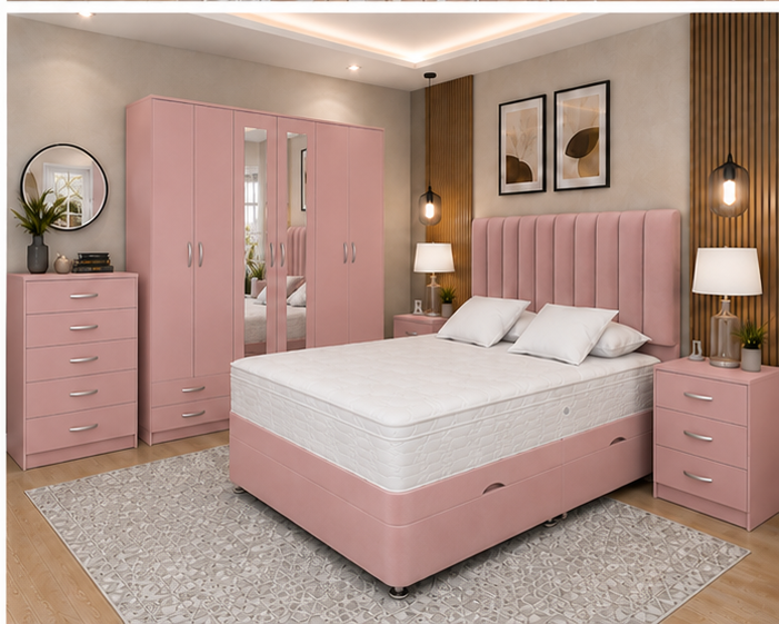 King Storage Bed Furniture Set – 6 Door Wardrobe with Mirrors – Five Drawer Chest – Two Bedside Units