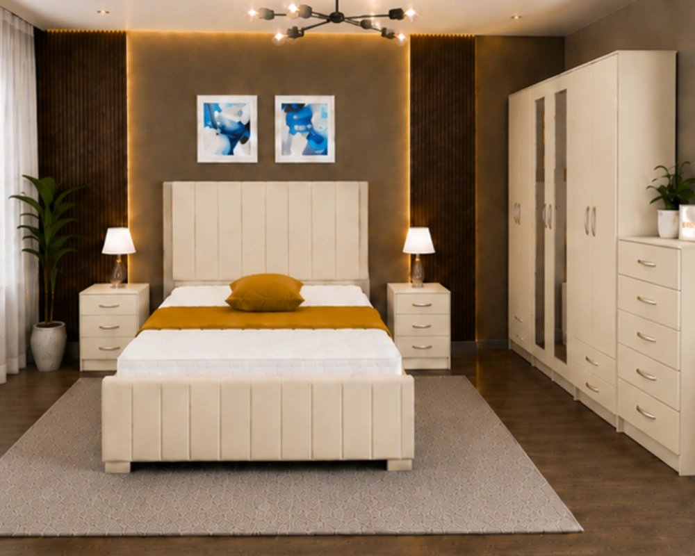 1 Double Bed Bedroom Set with Wardrobe, Chest of Drawers & Bedside Tables Modern Double Bed Furniture Collection - Six Door Wardrobe With Four Drawer - Chest of Five Drawers With Two Bed Side Table - Image 1