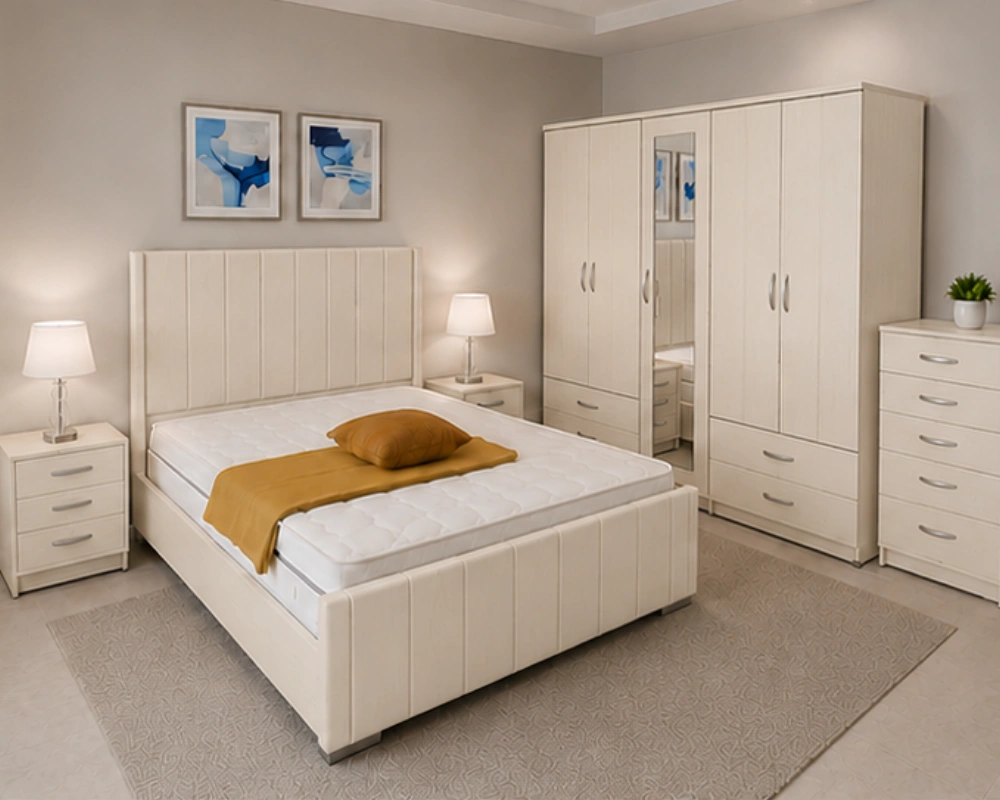 1 Double Bed with Coordinated Bedroom Suite – Modern Furniture Luxury Cream Color Bedroom Set - Four Door Wardrobe With Four Drawer - Chest of Five Drawers With Two Bed Side Table - Image 1