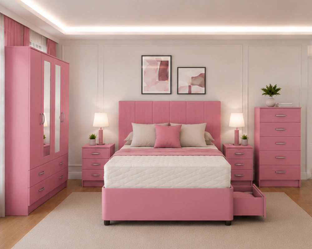 1 Modern Double Bed Bedroom Furniture Set with Wardrobe & Bedside Tables Premium Storage Furniture Collection - Double Bed - Four Door Wardrobe With Dual Mirrors - Five Drawer Chest - Image 1