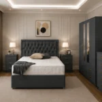 Elegant Bedroom Furniture Bundle - Four Door Mirror Wardrobe With Four Bottom Drawers - Chest of Five Drawers - Double Bed