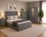 Modern Bedroom Furniture Set - Double Bed - 4 Door Mirror Wardrobe With Bottom Drawers - Five Drawer Chest - Two Bedside Tables