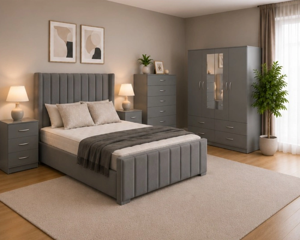 10 Double Bed with Full Matching Furniture – Modern Bedroom Set Modern Bedroom Furniture Set - Double Bed - 4 Door Mirror Wardrobe With Bottom Drawers - Five Drawer Chest - Two Bedside Tables - Image 1