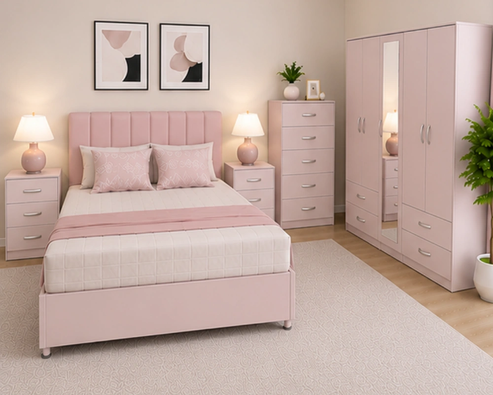 10 Modern Double Bed Collection – Complete Bedroom Furniture Modern Complete Bedroom Furniture Set – Five Door Wardrobe with Four Bottom Drawers – Chest of Five Drawers with Two Bedside Tables - Image 1