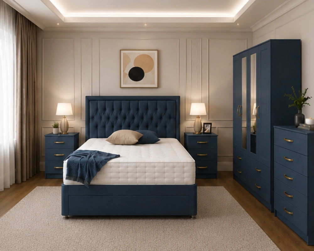11 Contemporary Complete Double Bedroom Furniture Collection Premium Bedroom Furniture Bundle - Four Door Wardrobe With Two Half Length Mirrors - Four Bottom Drawers - Bedside Table Pair - Image 1