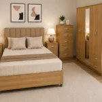 Premium  Bedroom Furniture Set – Double Bed, Five Door Wardrobe with Four Bottom Drawers, Chest of Five Drawers & Two Bedside Tables