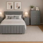 Contemporary Double Bed Furniture Set - Four Door Mirror Wardrobe With Bottom Drawers - Chest of Five Drawers - Two Bedside Tables