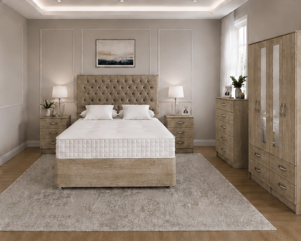 12 Double Bed Set with Matching Wardrobe, Drawers & Bedside Cabinets Designer Vintage Double Bed Furniture Set – Four Door Wardrobe with Four Bottom Drawers – Complete Bedroom Collection - Image 1