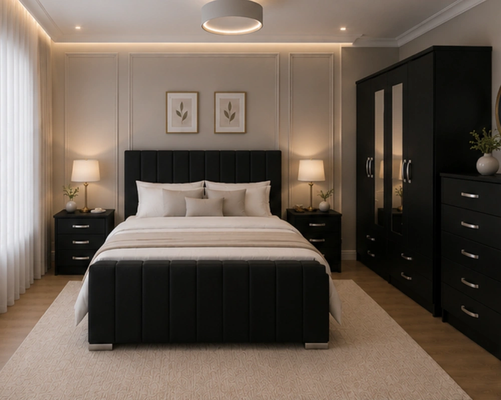 12 Stylish Double Bed Set with Mirrored Wardrobe & Matching Storage Luxury Double Bed Set With Four Door Wardrobe With Four Drawer - Chest of Five Drawers With Two Bed Side Table - Image 1