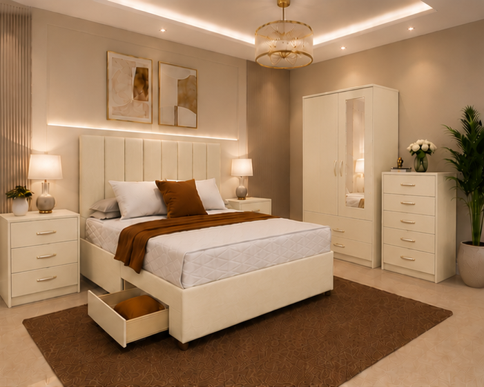 Bedroom Set Beige Colour Classic Bedroom Furniture Set with Chest of Drawers - Image 1