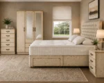 Premium Bedroom Furniture Set - Double Bed - 3 Door Wardrobe With Dual Mirrors And Two Bottom Drawers - Bedside Table Pair - Image 3