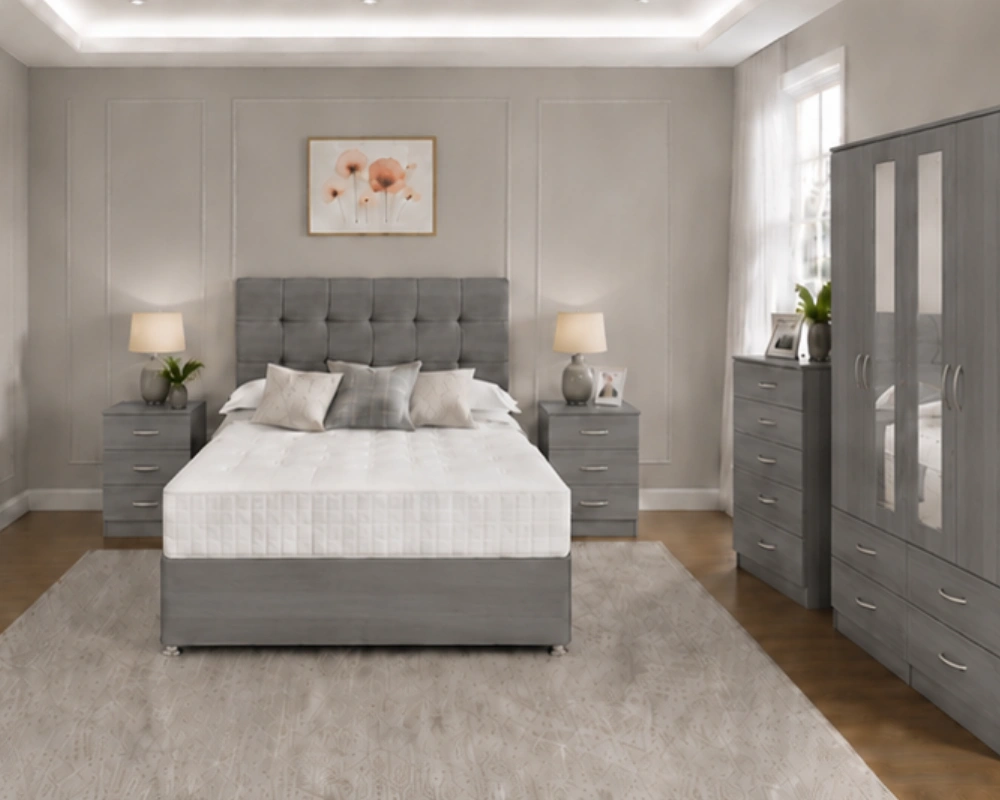 14 Double Bed with Matching Bedroom Suite – Elegant Furniture Set Luxury Grey Double Bed Furniture Set – Four Door Wardrobe with Four Bottom Drawers – Chest of Five Drawers with Two Bedside Tables - Image 1