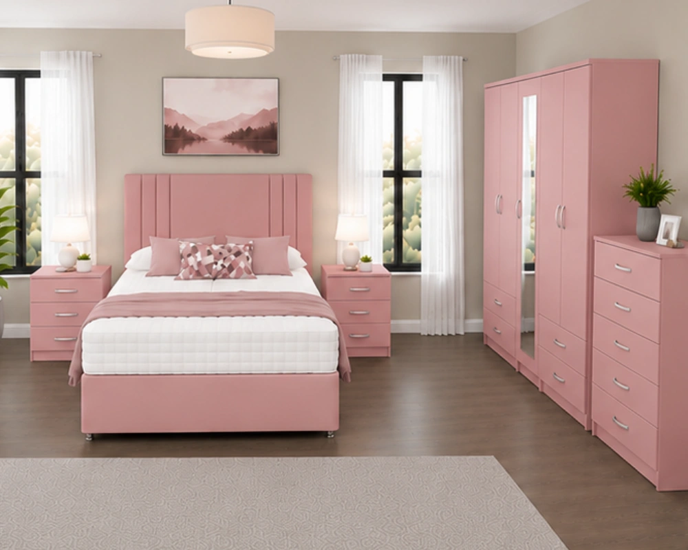 17 Modern Bedroom Storage Suite with Wardrobe and Chest Premium Double Bed Suite – Five Door Mirrored Wardrobe, Four Bottom Drawers, Five Drawer Chest & Matching Bed Side Tables - Image 1
