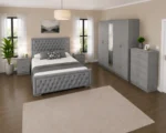 Double Bed Furniture Set - Five Door Full Length Mirror Wardrobe With Four Bottom Drawers - Chest of Five Drawers - Two Bedside Tables