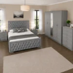 Double Bed Furniture Set - Five Door Full Length Mirror Wardrobe With Four Bottom Drawers - Chest of Five Drawers - Two Bedside Tables