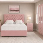 Contemporary Double Bed Furniture Set - Three Door Mirror Wardrobe With Two Bottom Drawers - Chest of Five Drawers - Two Bedside Tables
