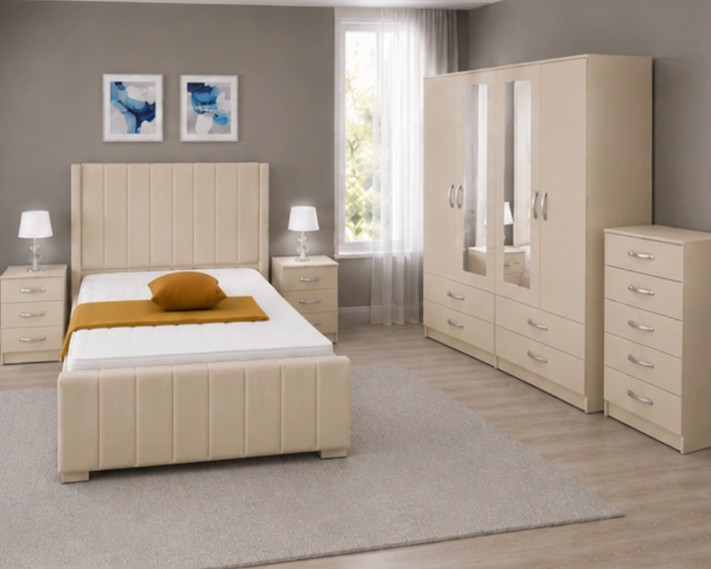 19 Luxury Double Bed Bedroom Set with Wardrobe & Chest Modern Bedroom Furniture Set – Double Bed with 6 Door Wardrobe, Two Full Length Mirrors, Four Bottom Drawers & Two Bed Side Tables - Image 1