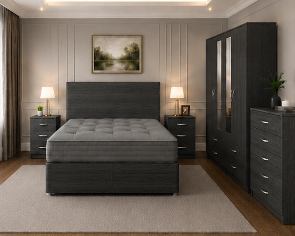 1Classic Elegant Double Bed Furniture Set Contemporary Home Furniture Set - Four Door Mirror Wardrobe With Four Bottom Drawers - Double Bed - Chest of Five Drawers - Image 1