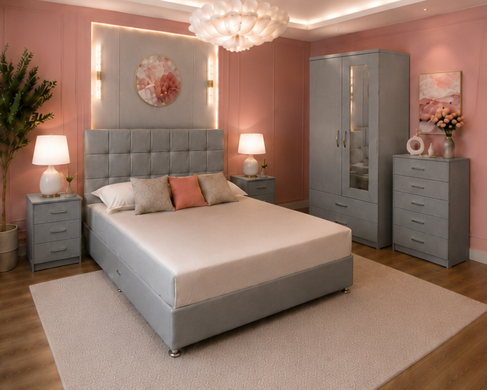 2. Modern Full Bedroom Set with 2 Door Wardrobe, Chest of Drawers & 2 Side Tables - Image 1