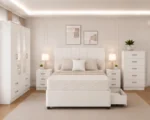 Complete Master Bedroom Furniture - 4 Door Mirror Wardrobe With Four Bottom Drawers - Double Bed - Two Bedside Tables