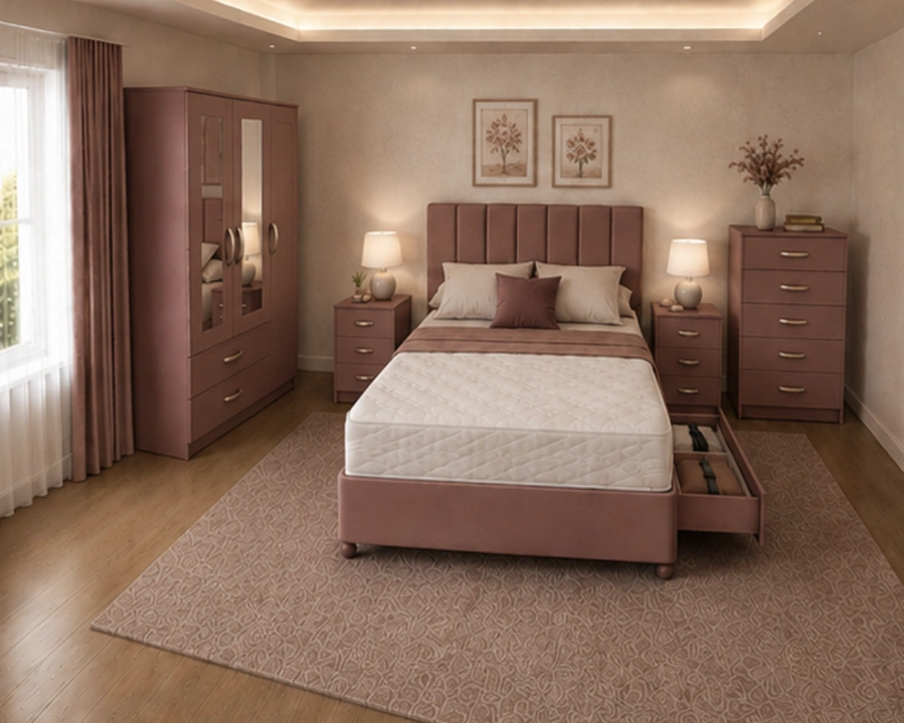 2 Contemporary Complete Double Bedroom Set Double Bed Master Bedroom Set - 3 Door Wardrobe With Two Mirrors And Two Bottom Drawers - Chest of Five Drawers - Image 1