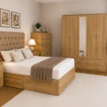 Complete Bedroom Storage Set – Double Bed, Five Door Wardrobe with Full Length Mirror, Chest of Five Drawers & 2 Bed Side Tables