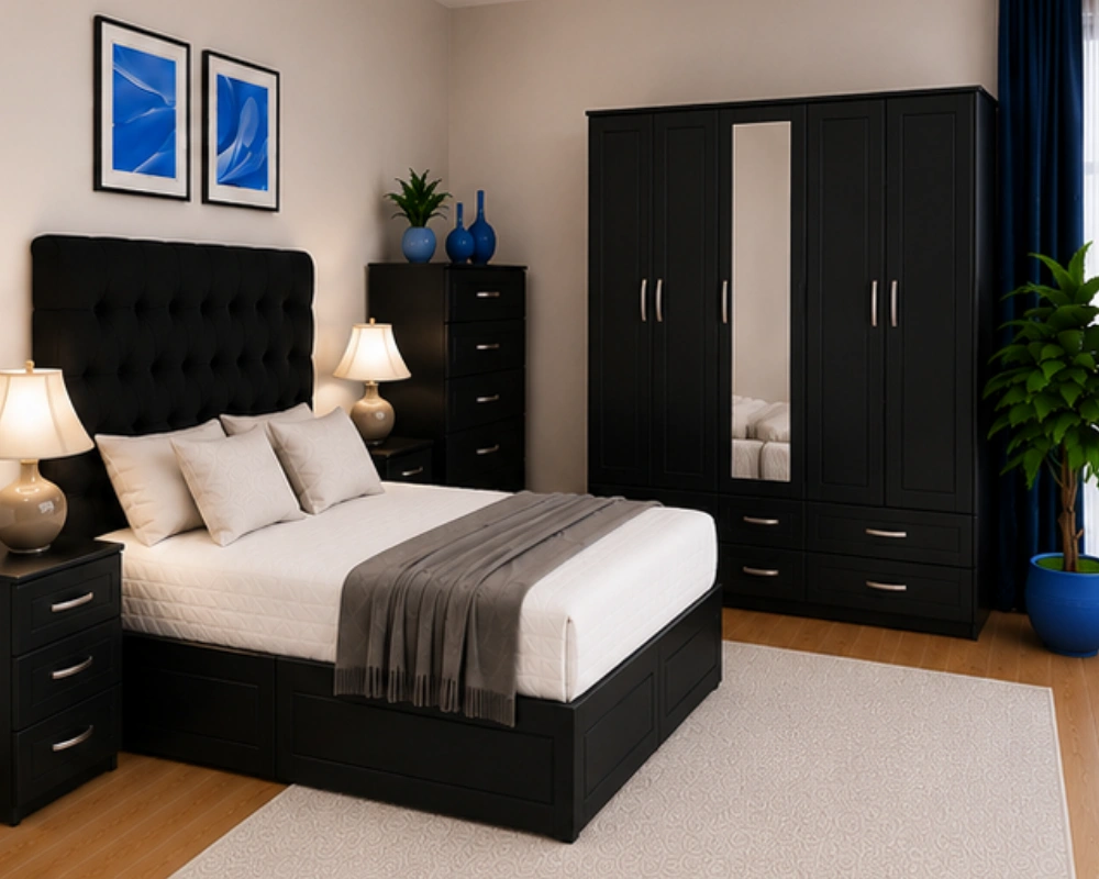 2 Door Wardrobe and Chest of Drawers Bedroom Furniture Set Luxury Bedroom Essentials – Double Bed, 5 Door Wardrobe with Full Mirror, Chest of Five Drawers & Two Bed Side Tables - Image 1