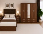 Modern Bedroom Storage Collection – Double Bed with Five Door Wardrobe, Full Length Mirror & Four Bottom Drawers