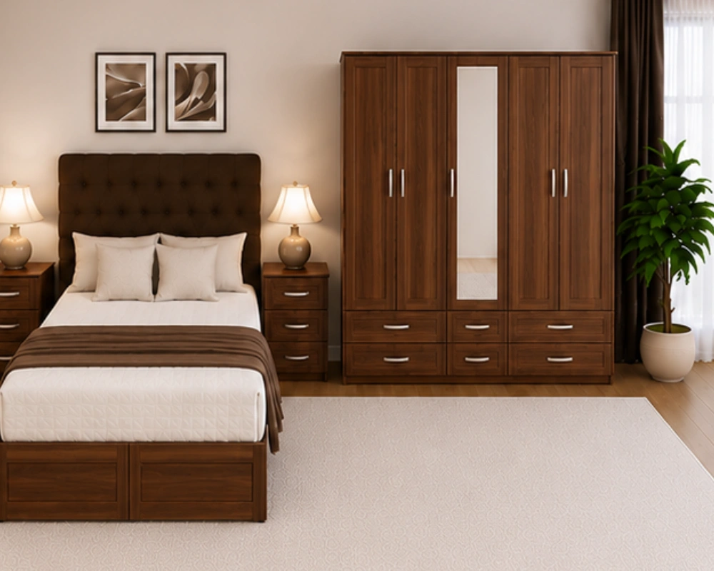 2 Stylish Contemporary Bedroom Furniture Set UK Modern Bedroom Storage Collection – Double Bed with Five Door Wardrobe, Full Length Mirror & Four Bottom Drawers - Image 1