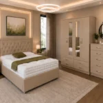 Modern Complete Bedroom Collection – Double Bed with Four Door Wardrobe, Three Half Mirrors, Four Bottom Drawers & Chest of Five Drawers