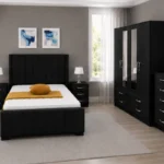 Elegant Double Bed Room Furniture Set – Four Door Wardrobe, Three Half Mirrors, Four Bottom Drawers & Matching Bed Side Tables