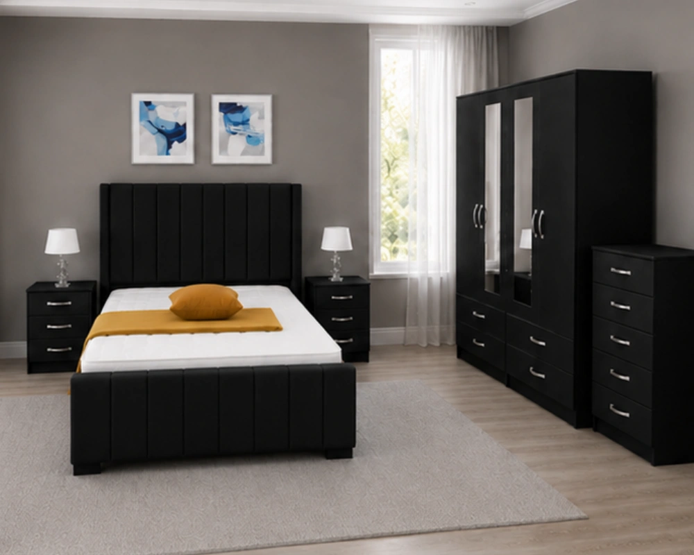 21 Double Bed Bedroom Set with Large Wardrobe & Matching Furniture Elegant Double Bed Room Furniture Set – Four Door Wardrobe, Three Half Mirrors, Four Bottom Drawers & Matching Bed Side Tables - Image 1