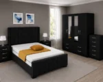 Elegant Double Bed Room Furniture Set – Four Door Wardrobe, Three Half Mirrors, Four Bottom Drawers & Matching Bed Side Tables - Image 3