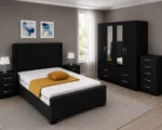 Elegant Double Bed Room Furniture Set – Four Door Wardrobe, Three Half Mirrors, Four Bottom Drawers & Matching Bed Side Tables - Image 4