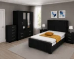 Elegant Double Bed Room Furniture Set – Four Door Wardrobe, Three Half Mirrors, Four Bottom Drawers & Matching Bed Side Tables - Image 6