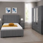 Stylish Bedroom Furniture Set – Double Bed, Four Door Wardrobe with Three Half Mirrors, Chest of Five Drawers & Two Bed Side Tables