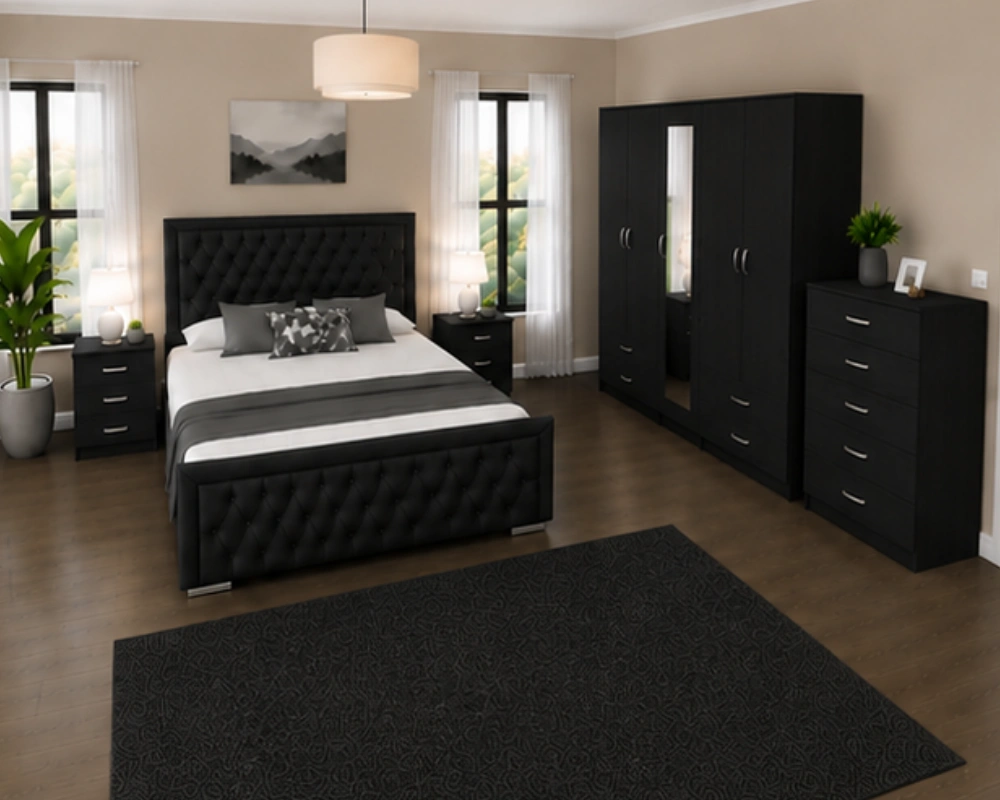 24 Complete High-Quality Bedroom Furniture Set – Double Bed, 5-Door Wardrobe & Matching Storage Modern Bedroom Furniture Set - Double Bed - 5 Door Full Length Mirror Wardrobe With 4 Drawers - Five Drawer Chest - Two Bedside Tables - Image 1