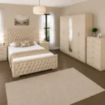 Luxury Double Bed Suite - Five Door Mirror Wardrobe With Four Bottom Drawers - Chest of Five Drawers - Two Bedside Tables