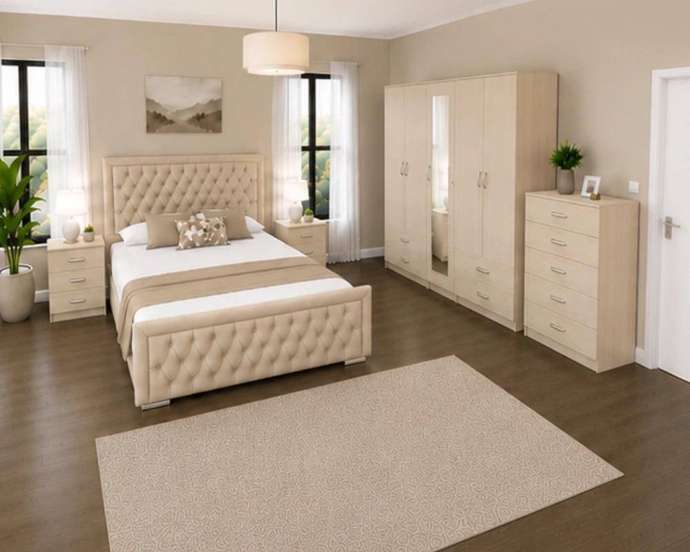 27 Complete Bedroom Furniture Set for Modern Homes – Double Bed, Wardrobe, Bedside Tables & Chest Luxury Double Bed Suite - Five Door Mirror Wardrobe With Four Bottom Drawers - Chest of Five Drawers - Two Bedside Tables - Image 1