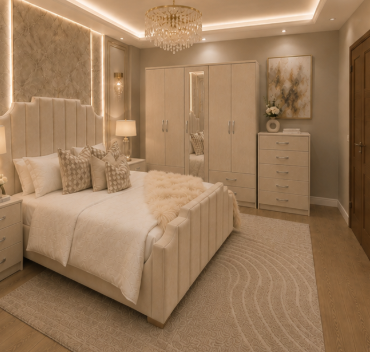 3 Modern Master Bedroom Furniture Set with 5 Door Wardrobe & Side Tables & Chest - Image 1