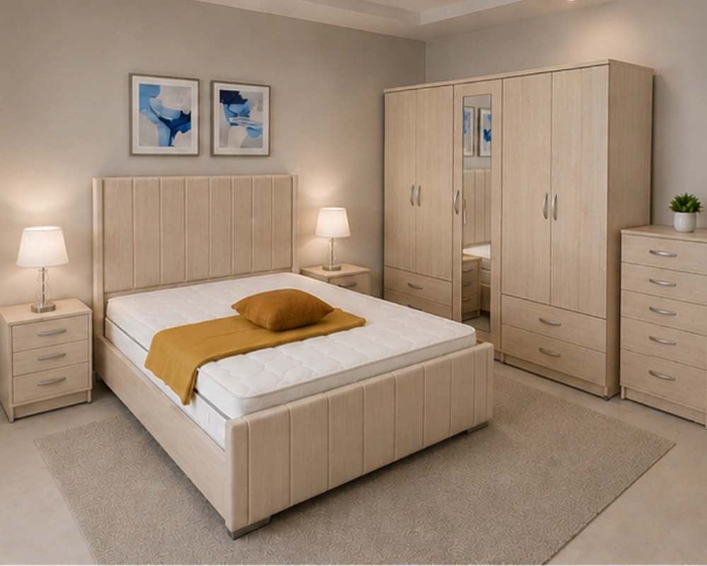 3 Double Bed Furniture Ensemble – Modern Complete Bedroom Set Premium Bedroom Set with Four Door Wardrobe With Four Drawer - Chest of Five Drawers With Two Bed Side Table - Image 1